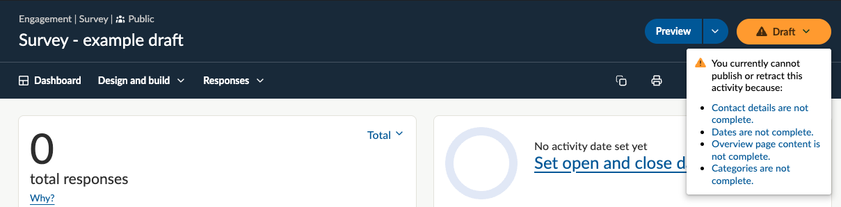 Example activity with warning yellow Draft button expanded to show tasks required to complete in order to publish.