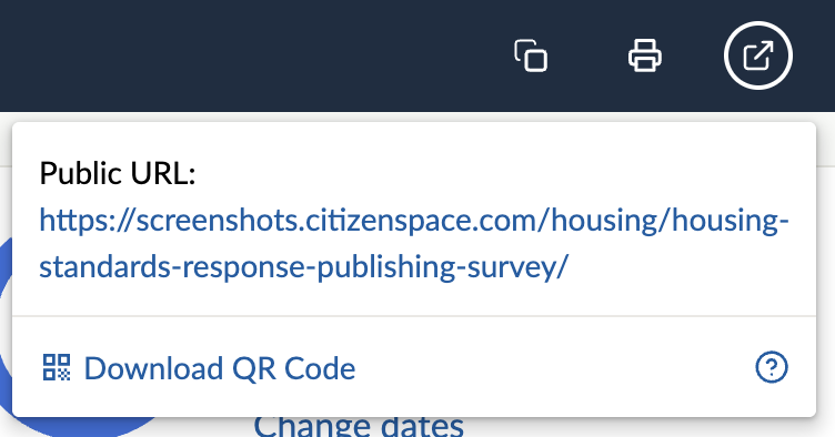 Share icon dropdown include link to activity to share and link to download the QR code.