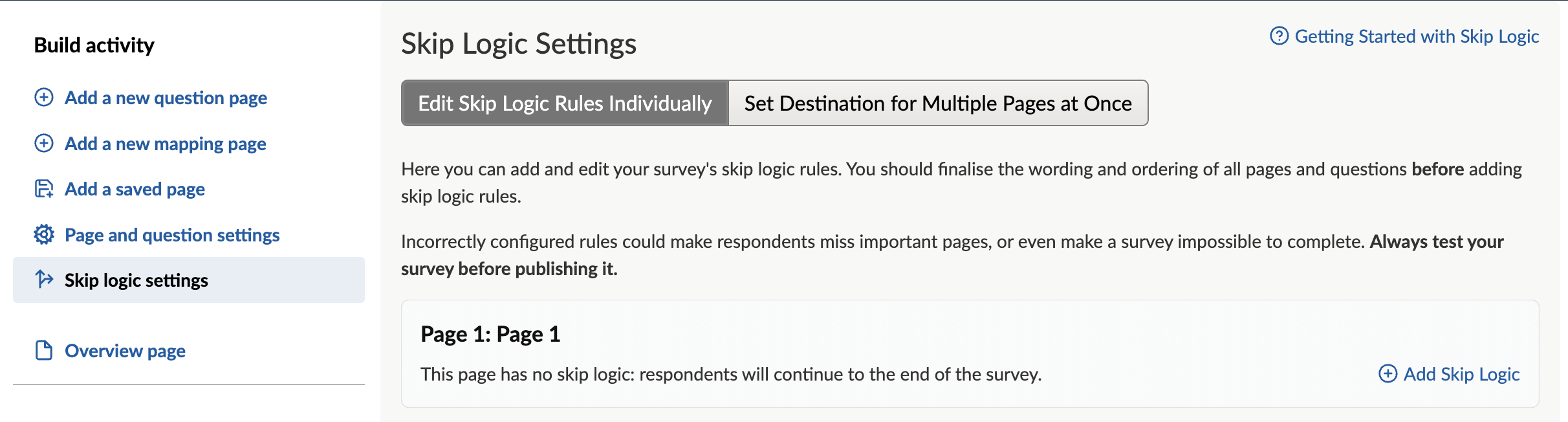 Skip logic settings page with Skip logic setting page selected in the sidebar.