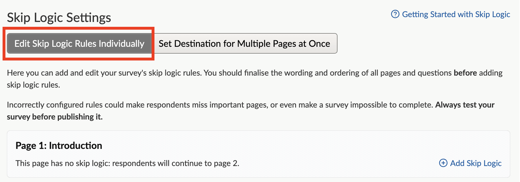 The skip logic settings page with the option to edit skip logic rules individually highlighted with a red box.