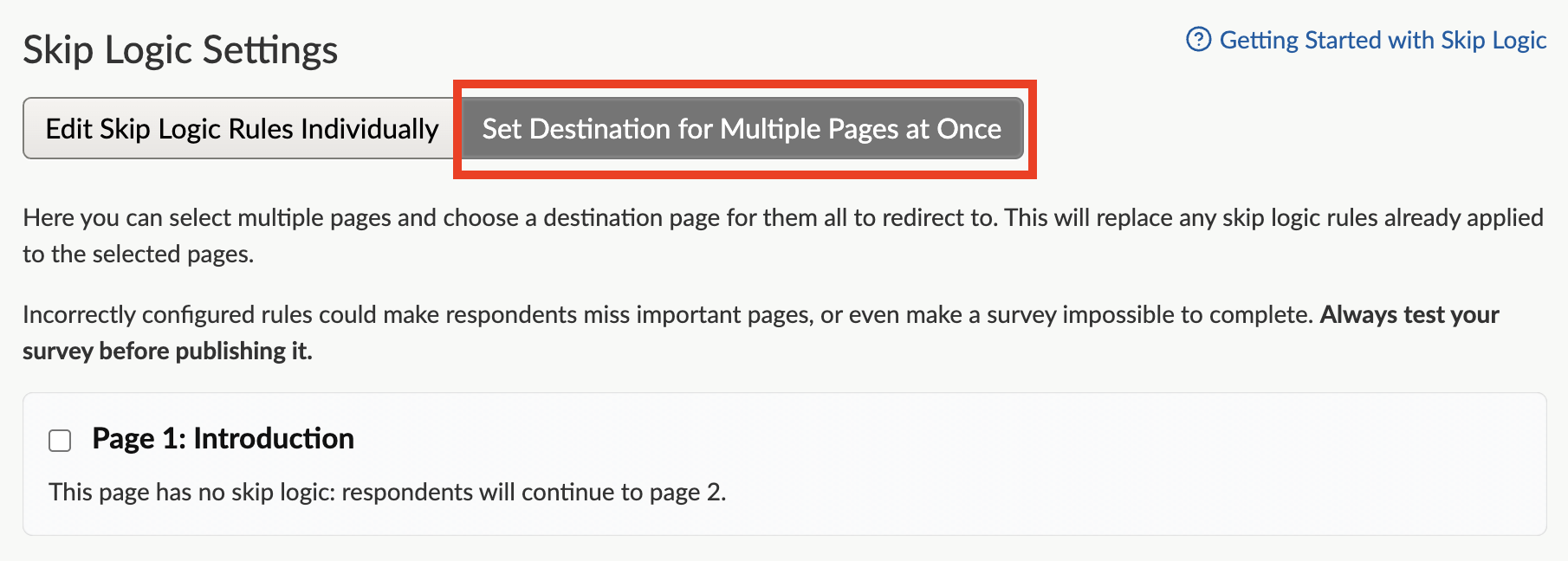 The skip logic settings page with the option to set destination for multiple pages at once highlighted with a red box.
