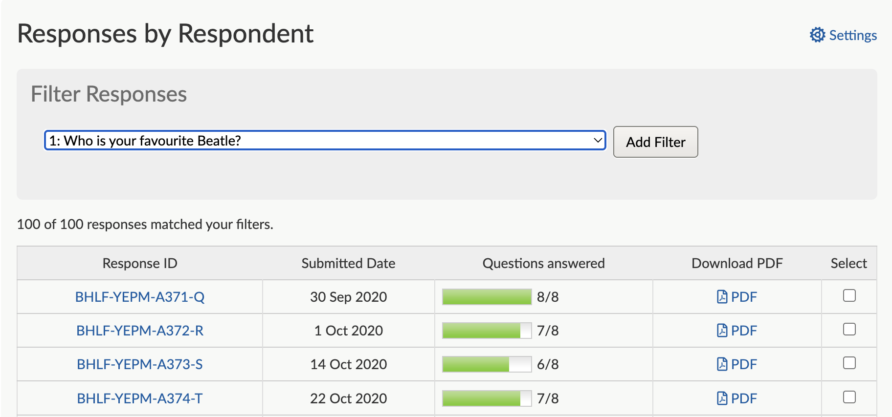 View of Responses by Respondent filter dropdown with question selected in dropdown list. Screenshot.