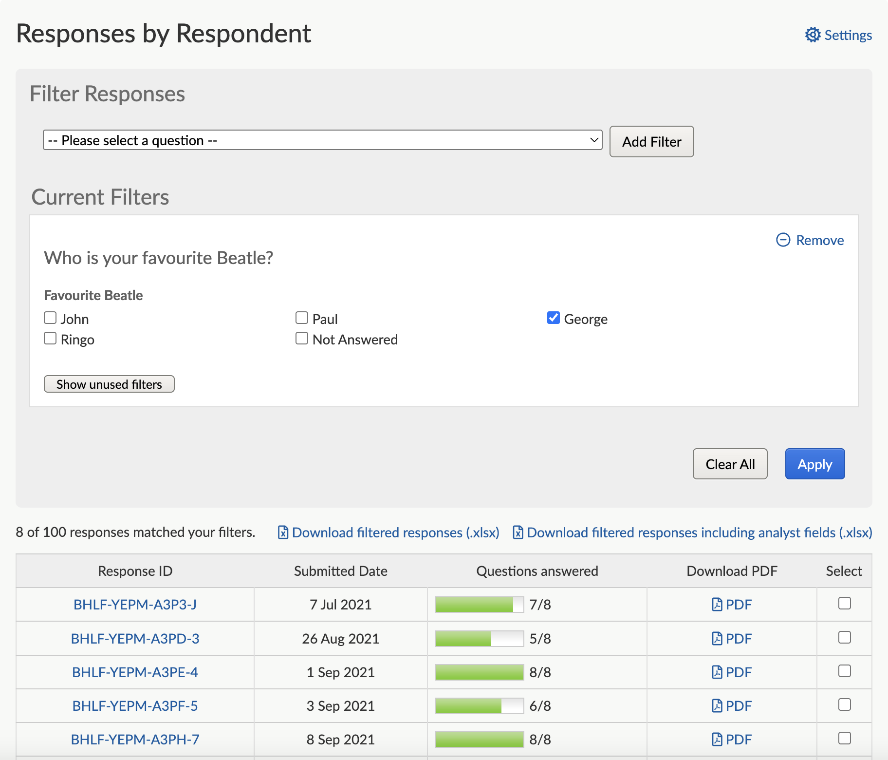 View of Responses by Respondent filter dropdown with question selected in dropdown list and filter checkboxes with one checkbox selected. Screenshot.