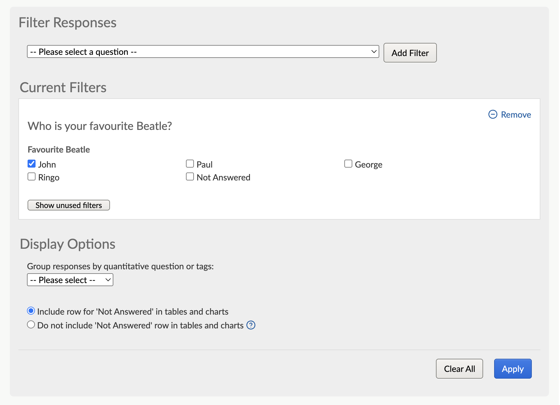 View of filter stack in responses by question view, showing one filter applied. Screenshot.
