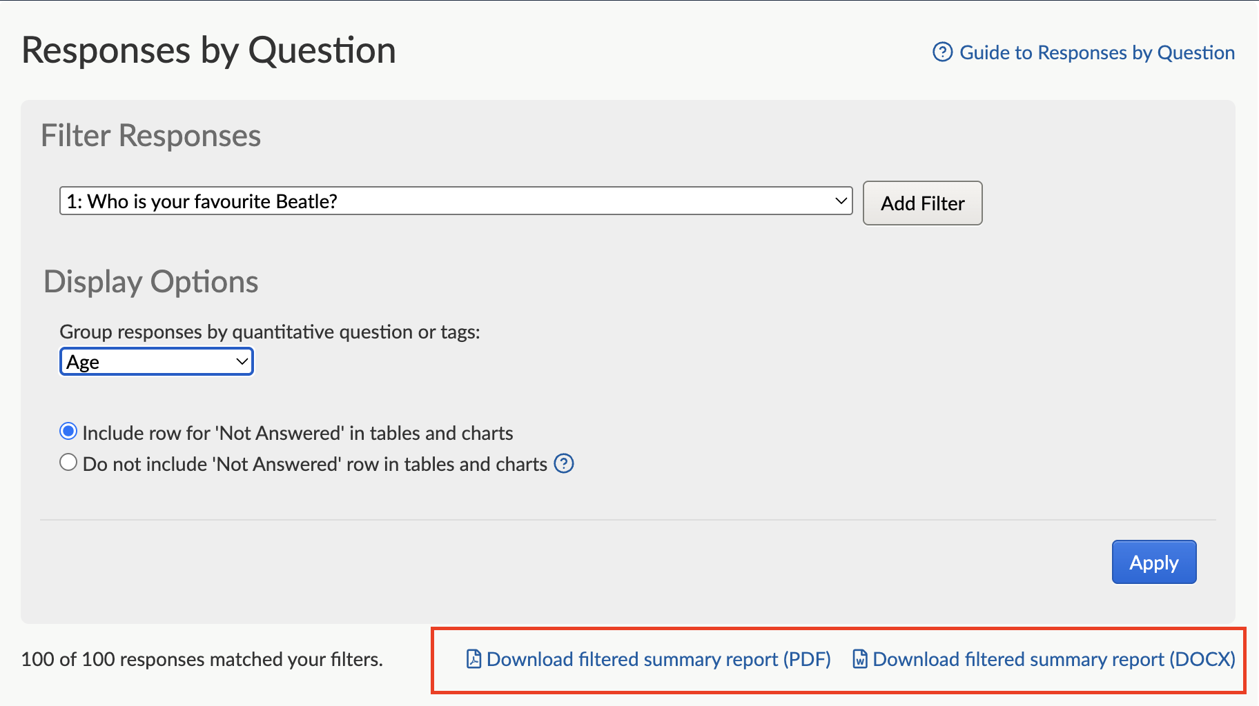 Screenshot of Responses Organised by Question screen with a filter applied for only respondents who've stated that are happy with the proposal. The download links for the PDF and .docx report are outlined.
