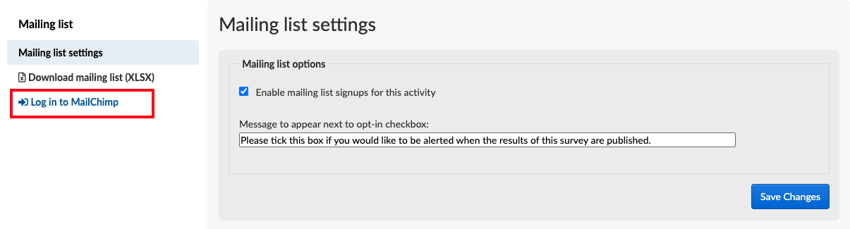 Mailing list section on dashboard with message indicating use of a third party supplier. In this case Mailchimp.
