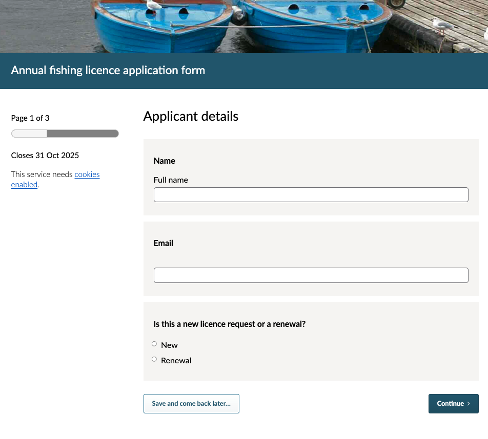 Example form's first survey page with questions.