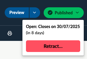 The red Retract button appears in the dropdown menu once the Publish button is selected.