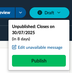 The aqua Draft button menu dropdown which has the green Publish button available to re-publish the activity.