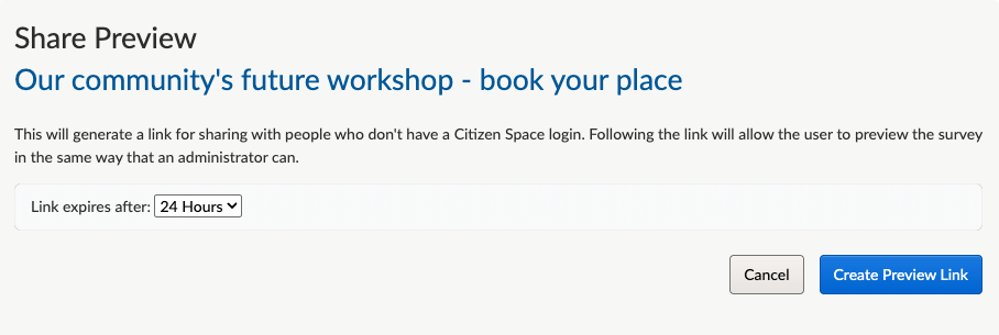 The share preview link dropdown with the expiry time options. Screenshot.