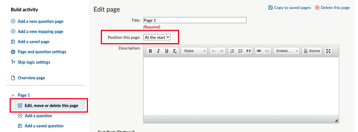 Edit, move or delete page screen with link to it and the dropdown for moving the page circled in red.