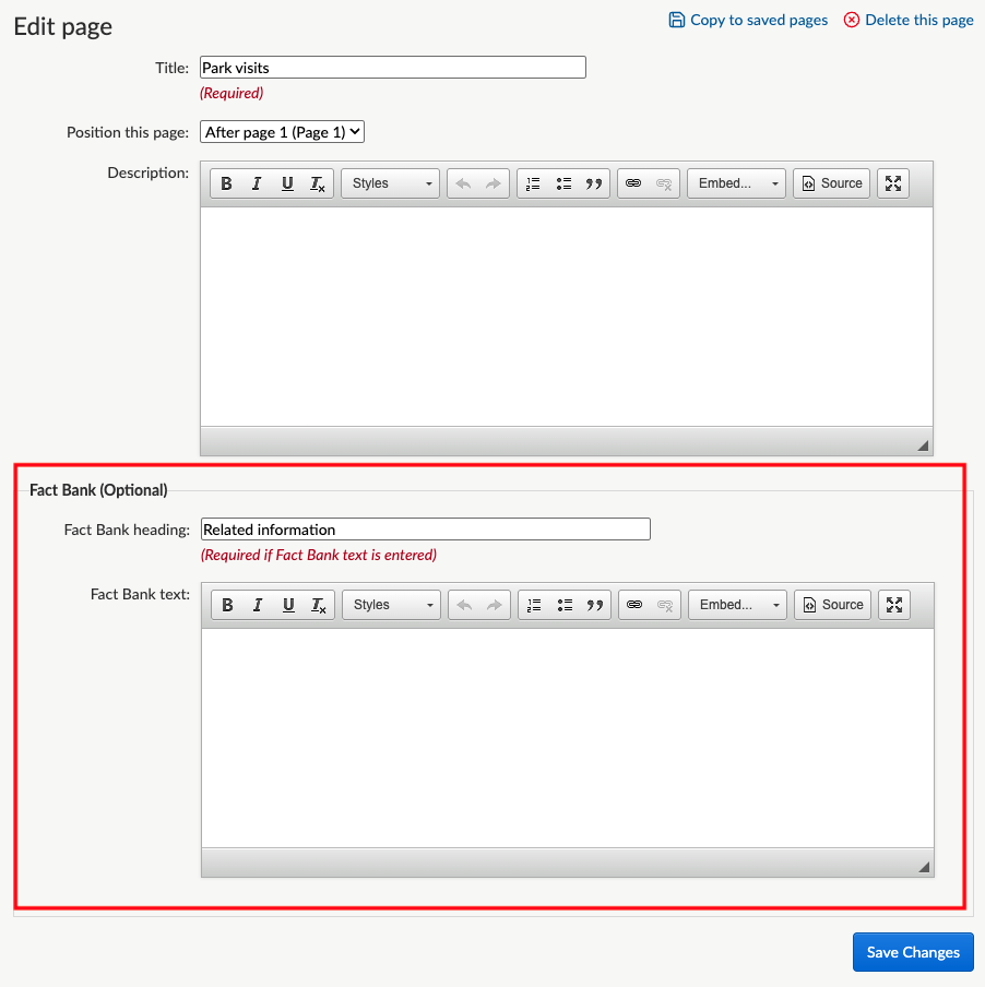 Screenshot showing the edit page screen, with the option to add a fact bank.