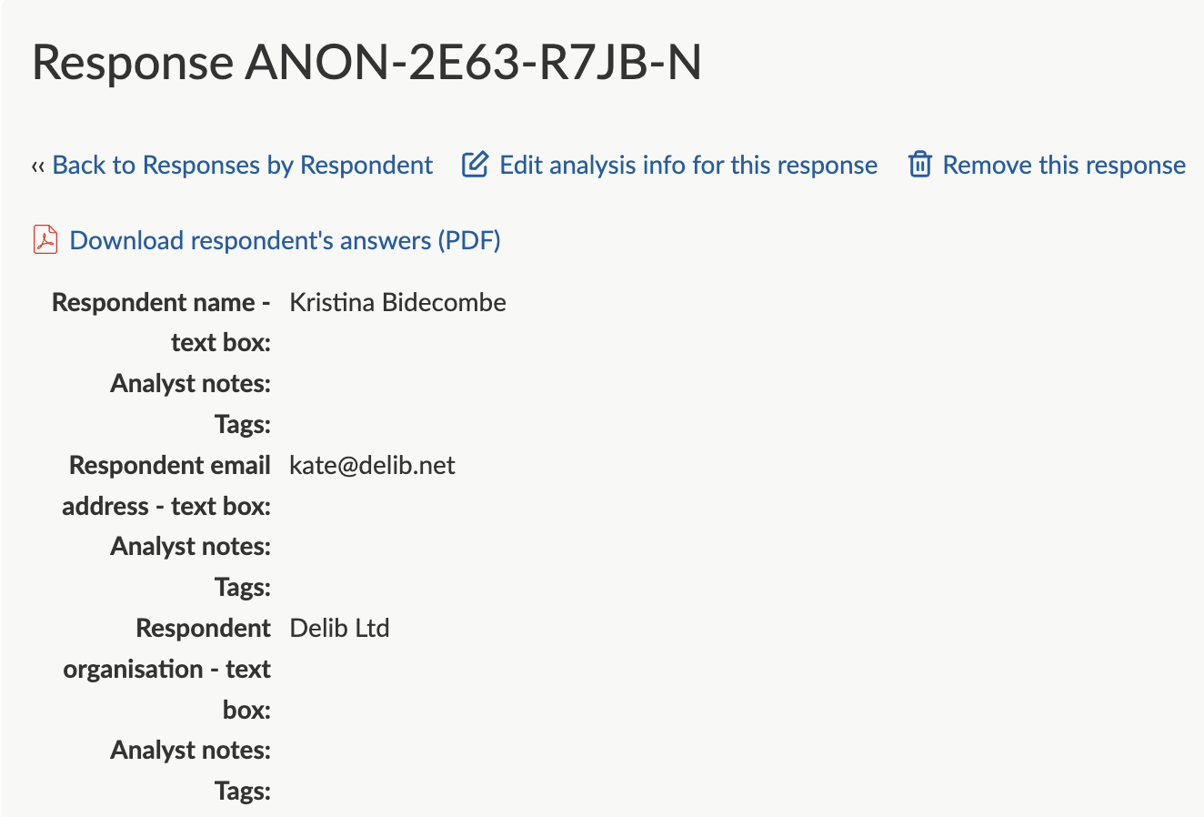 Answers for a sample respondent with ID are shown with their analyst notes and tags.