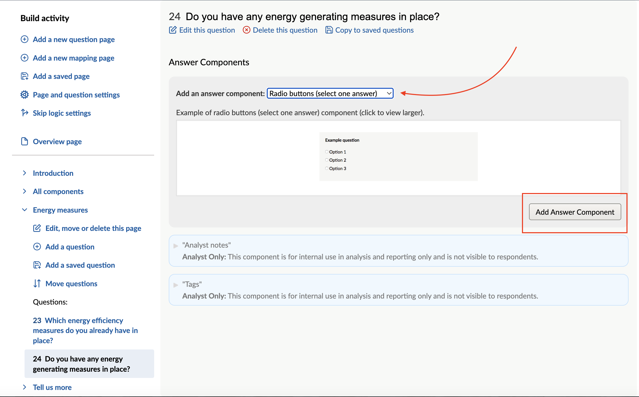 Answer component page with component dropdown list and the add answer component button circled in red.