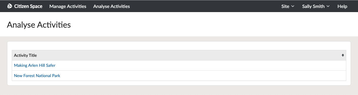 Analyse Activities screen with list of activities the analyst has been assigned to for admin users who are 'analyst only'.
