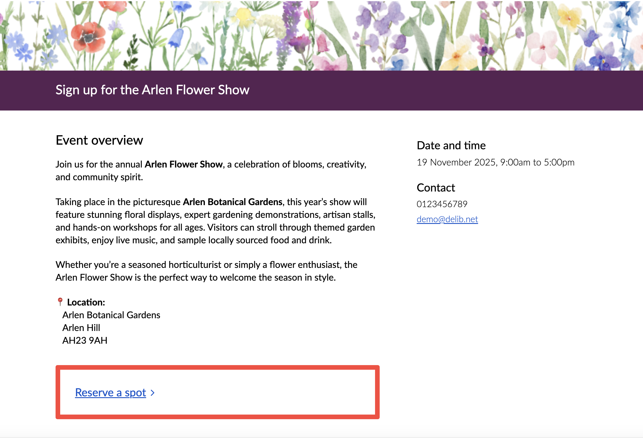 Example event registration activity type which includes a section of the event overview, the date and time, and contact information. 