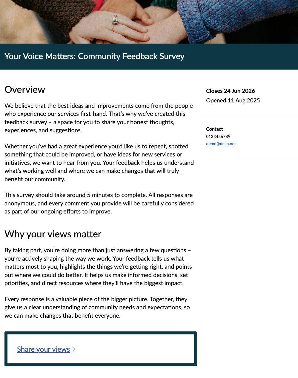 Simple survey overview page has section for overview text, open and close dates, contact information in the sidebar, and a call to action box with a link to complete the survey.