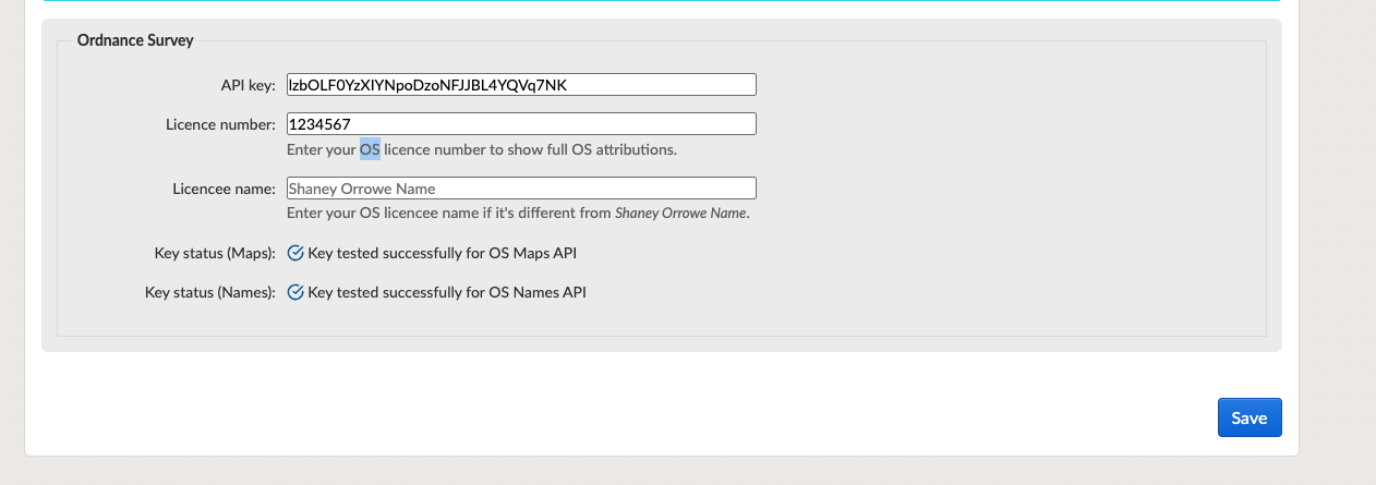 Ordnance Survey key screen with fields for API key, licence number, licencee name and key status checks results.