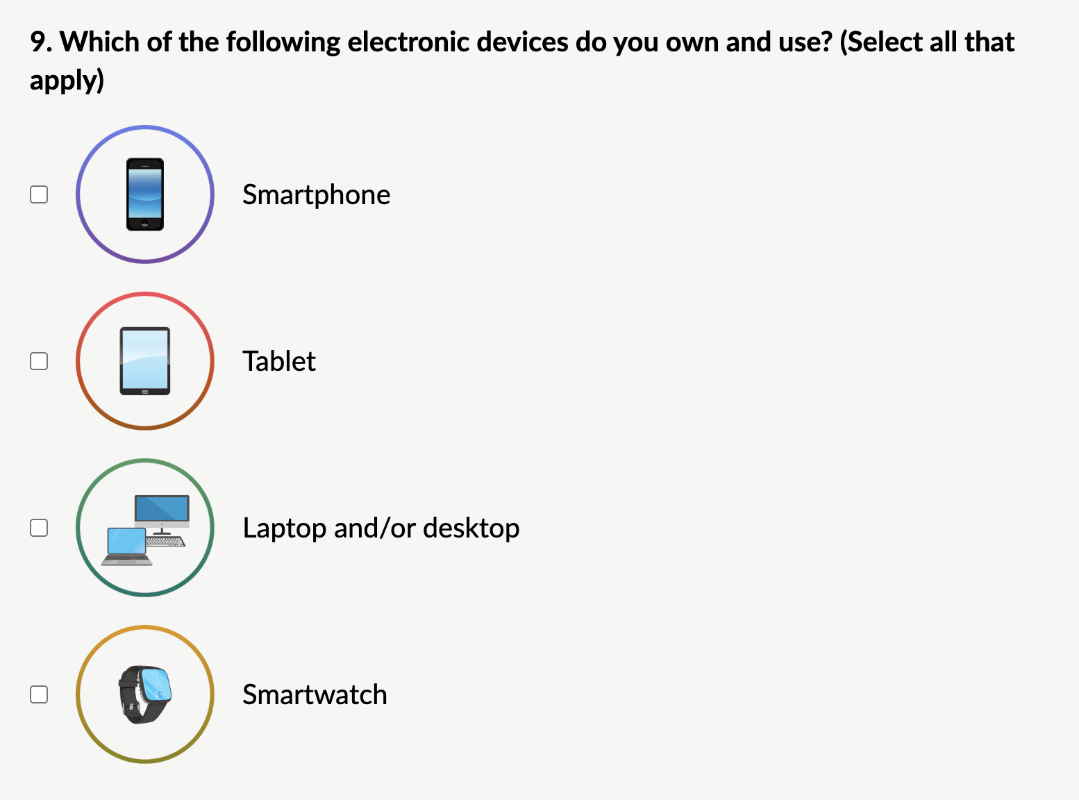 Example of the image choice answer component (checkbox) asking the question Which of the following electronic devices do you own or use? Select all that apply. Options are Smartphone, Tablet, Laptop and/or desktop, and or Smartwatch. There is an image icon next to each answer option.