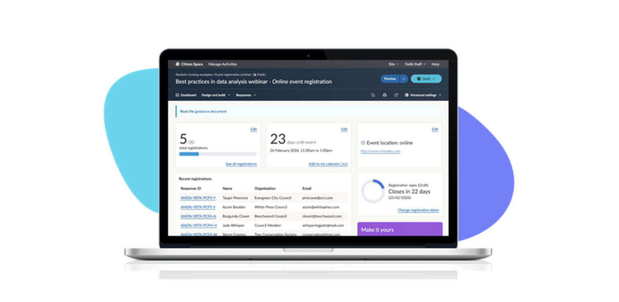 Screenshot of an example Event registration online activity which includes blocks for number of registrations, days until event, location of event, list of recent registrations, and length of open time remaining for signups. .