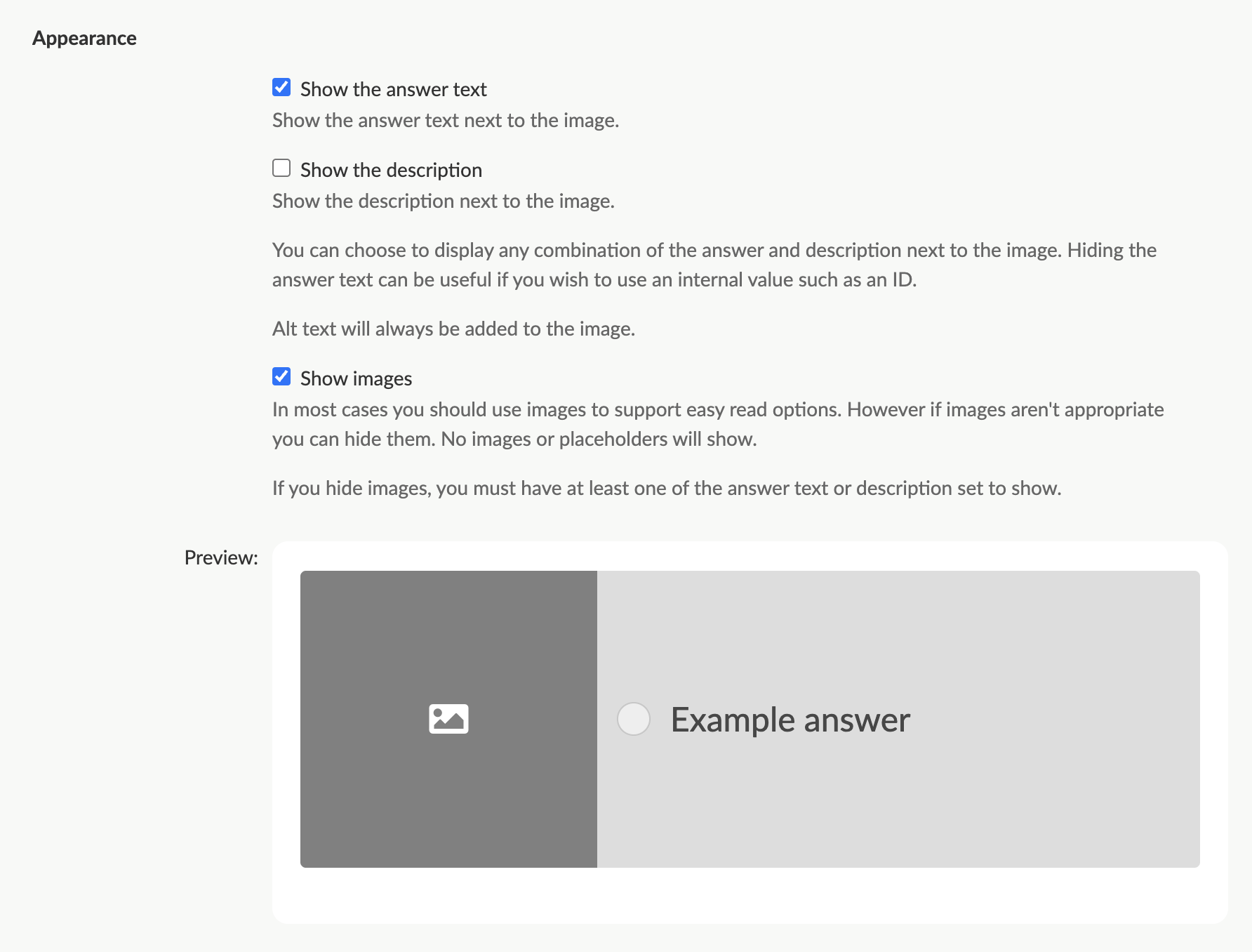 Admin screen for easy read radio buttons or checkboxes answer component, the appearance settings section where you can choose the display size for the images, which text (if any) to show, along with a preview of size and shown text selected.