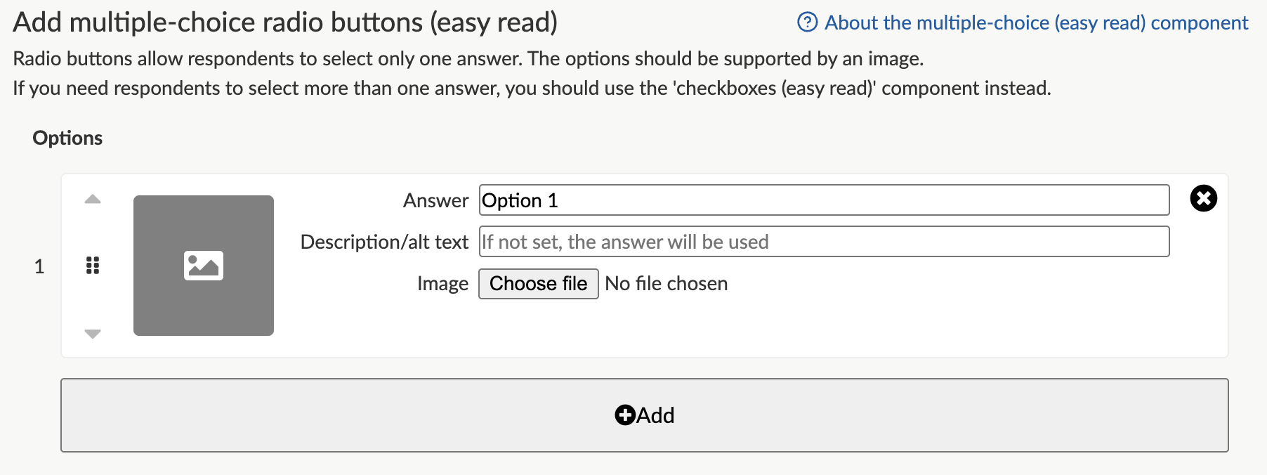Add options section on add radio button answer component screen.
