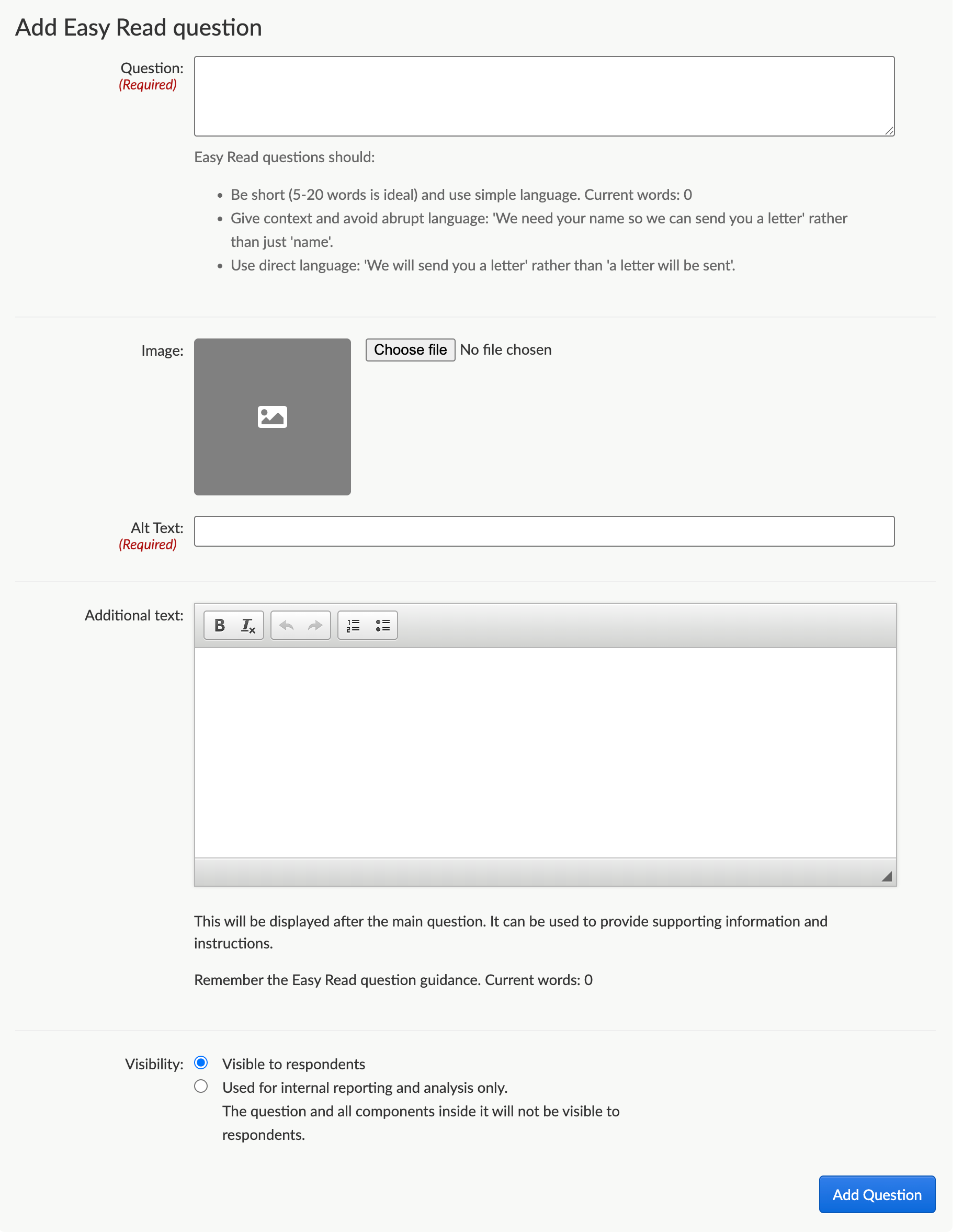 Admin screen for adding an Easy Read question