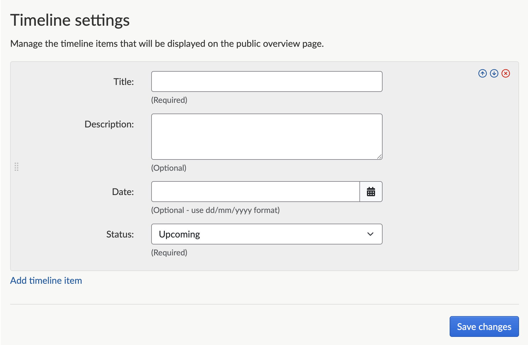 Screenshot of 'Timeline settings' page.