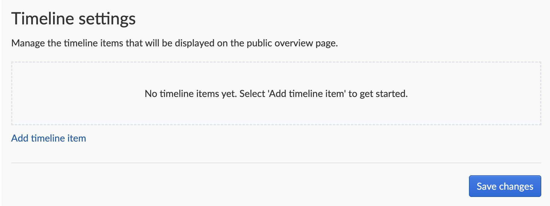 Screenshot of the Timeline settings page when first setting up a Timeline.
