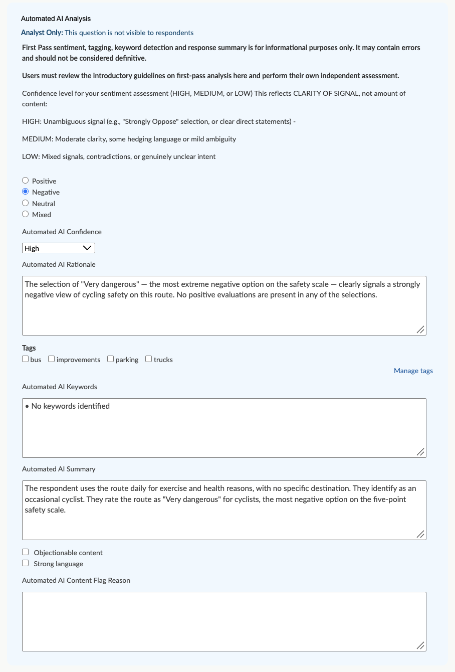 Screenshot of AI analysis results on 'Analyse and tag' page