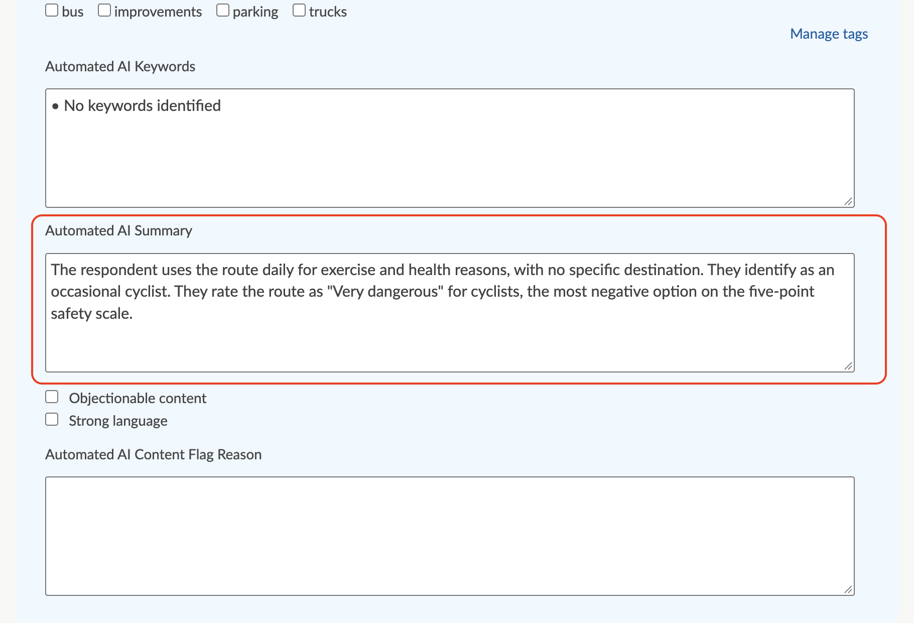 Screenshot of AI summary component on 'Analyse and tag' page.