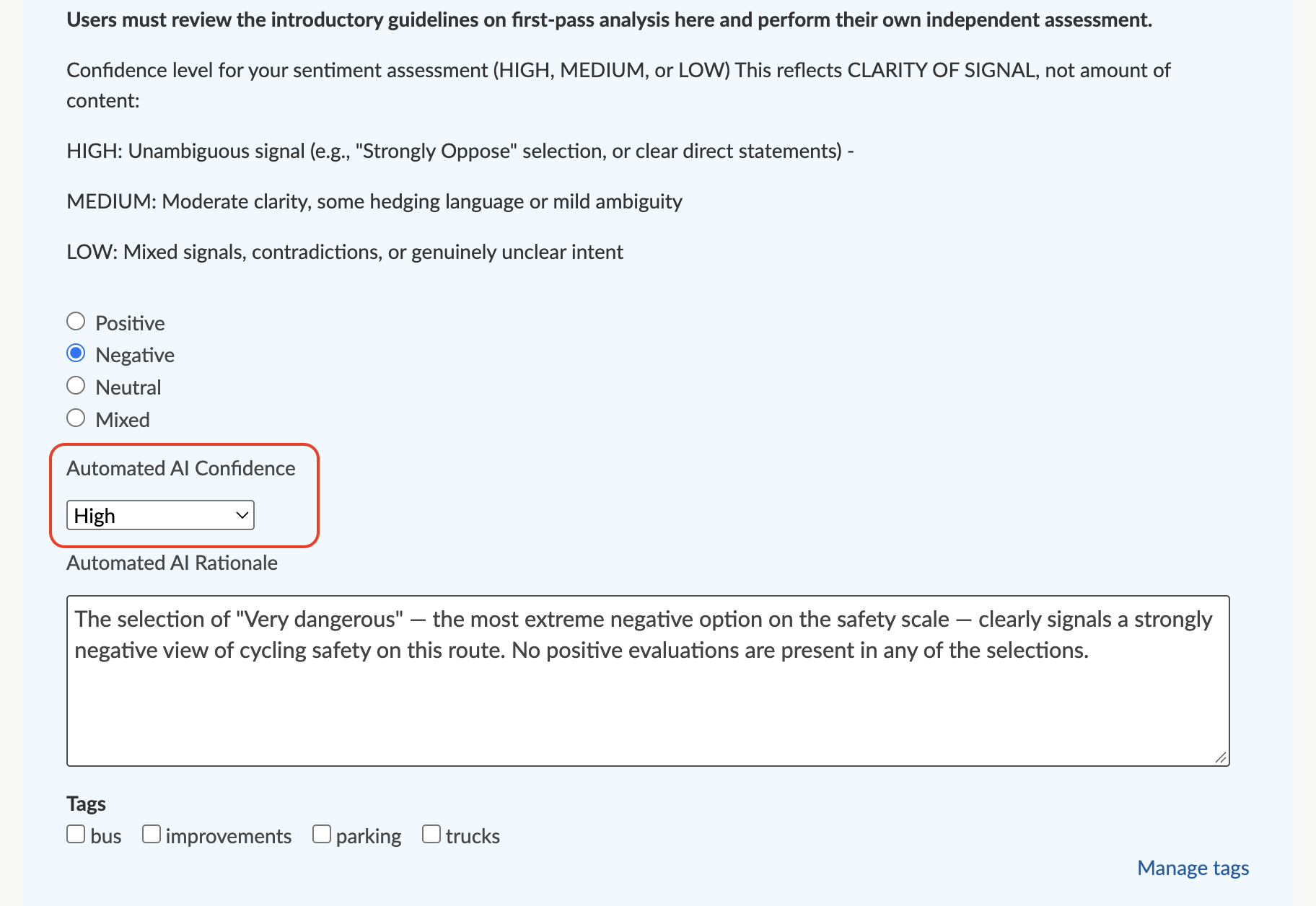 Screenshot of AI confidence component on 'Analyse and tag' page
