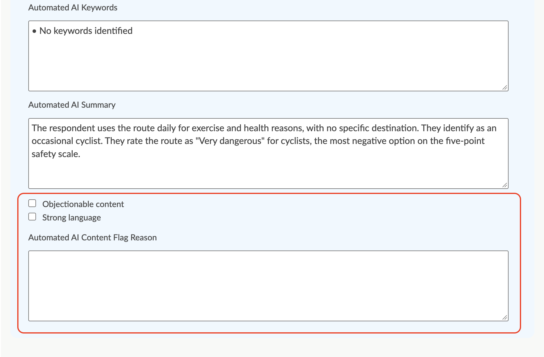 Screenshot of AI flag components on 'Analyse and tag' page