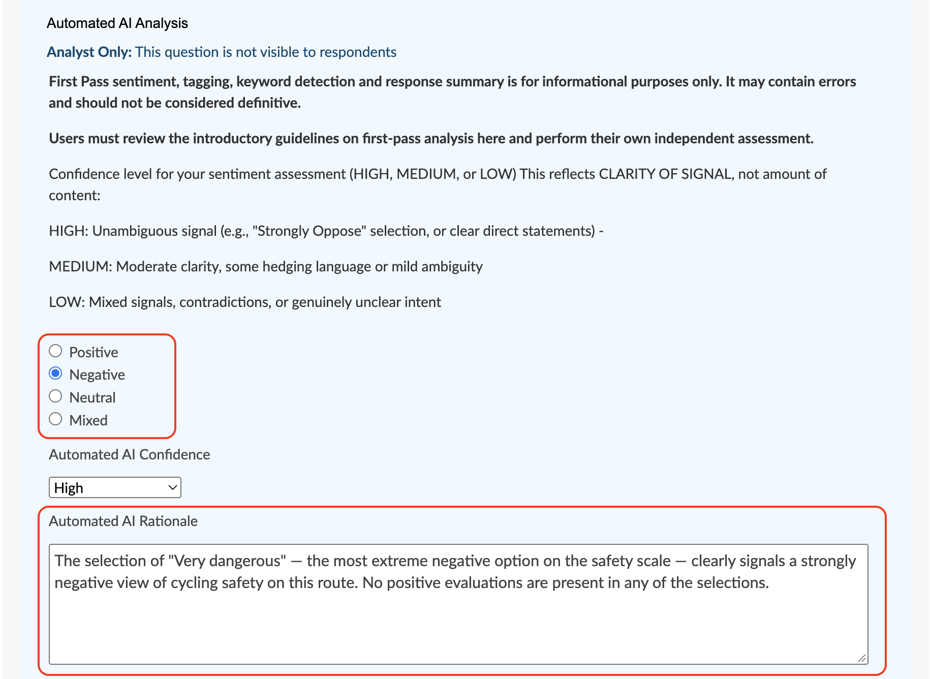 Screenshot of AI sentiment and rationale components on 'Analyse and tag' page