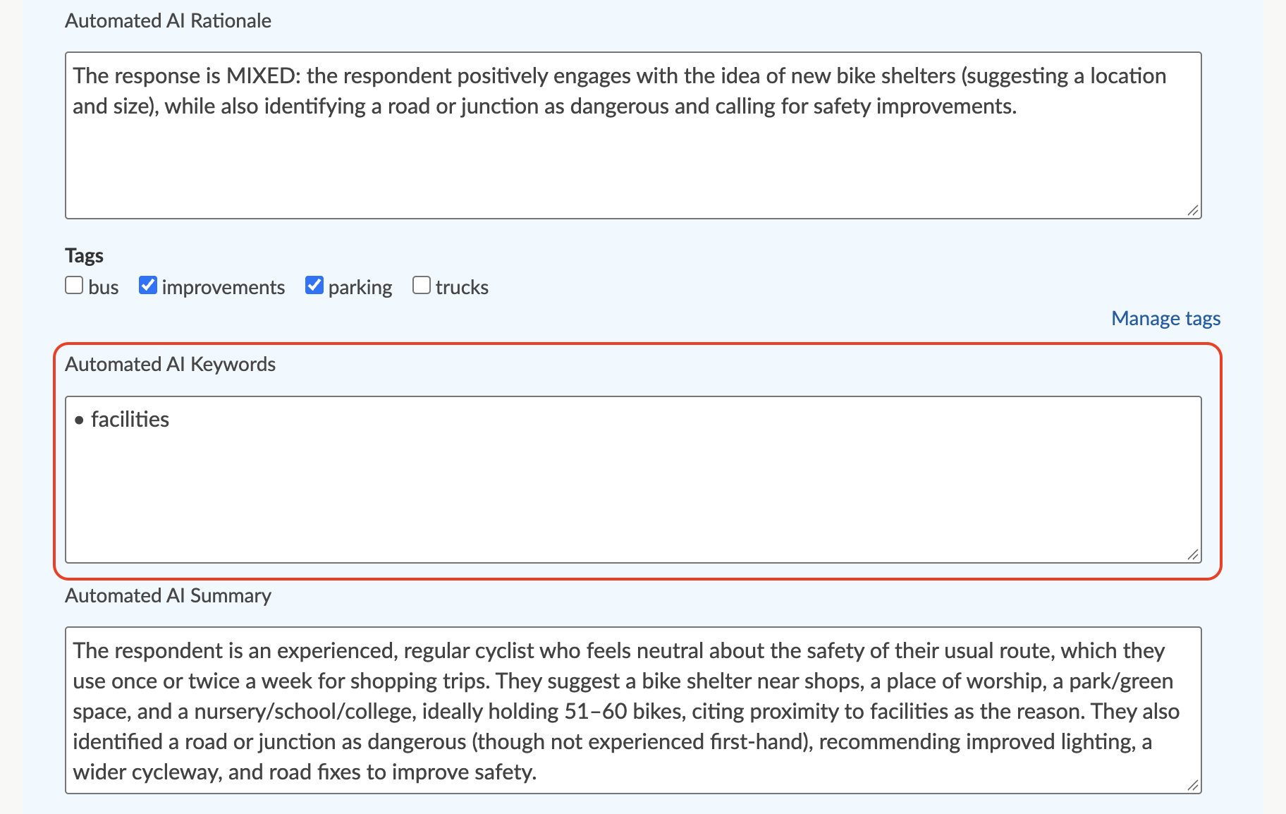 Screenshot of AI keywords component on 'Analyse and tag' page.