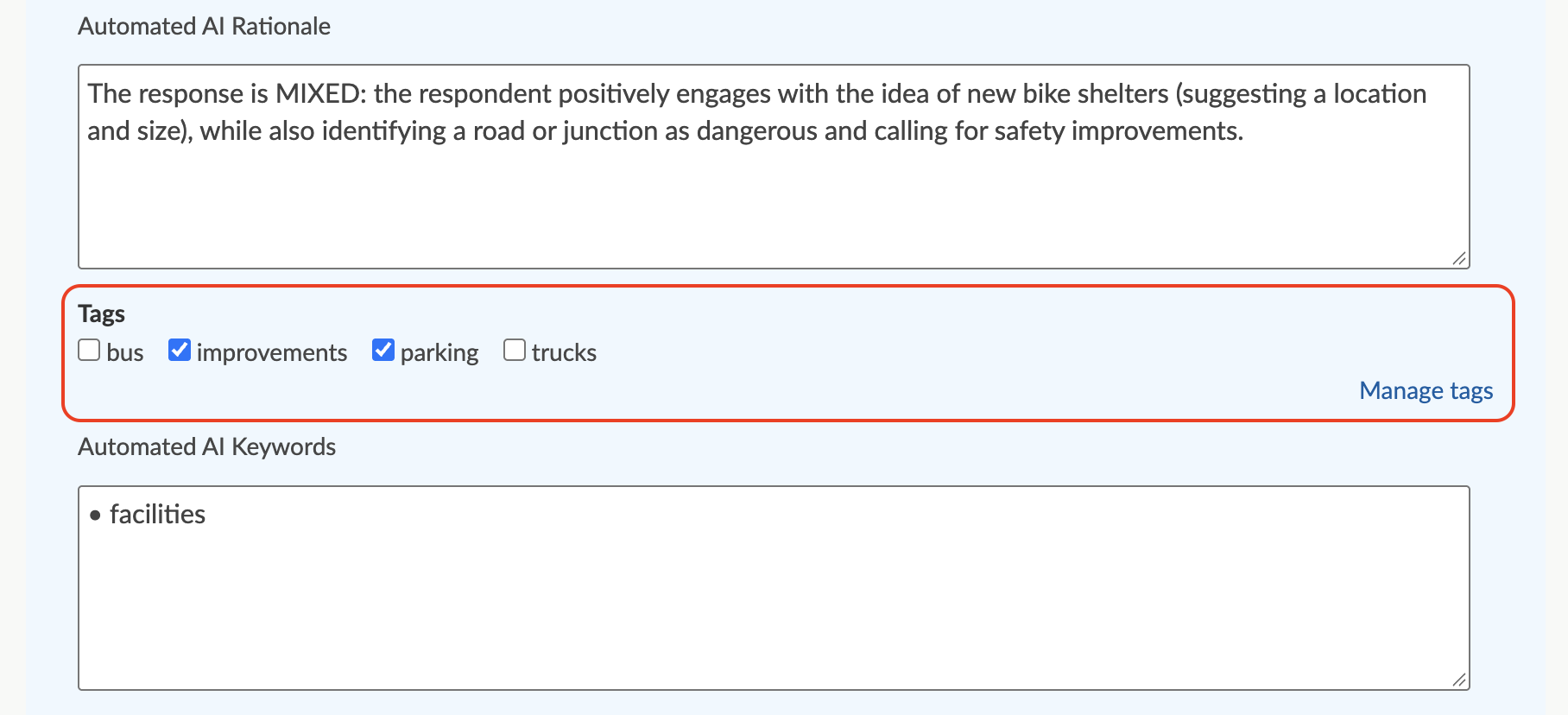 Screenshot of AI tags component on 'Analyse and tag' page.