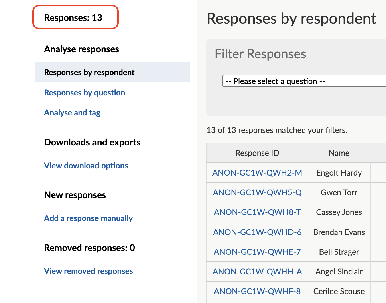 Screenshot showing 'Responses' in the side navigation when viewing responses.