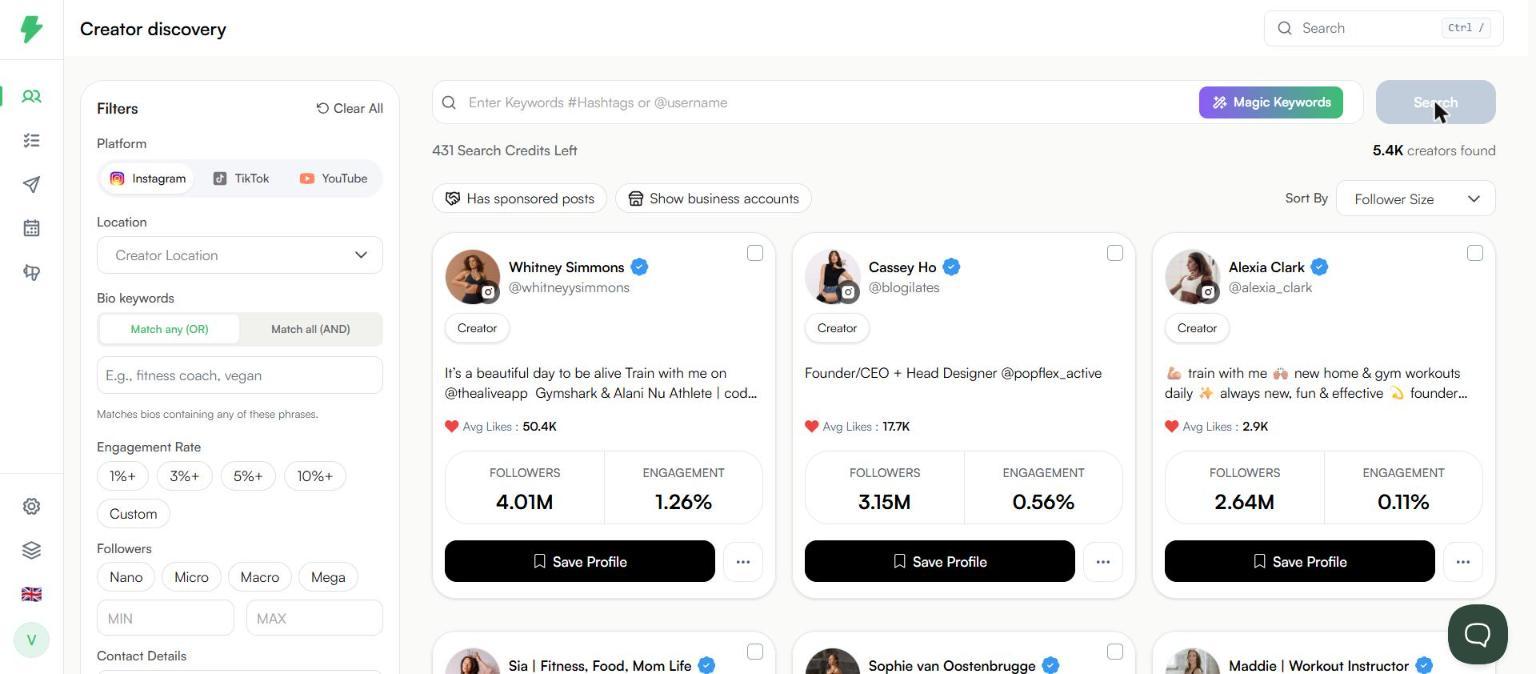 Search results showing similar creators