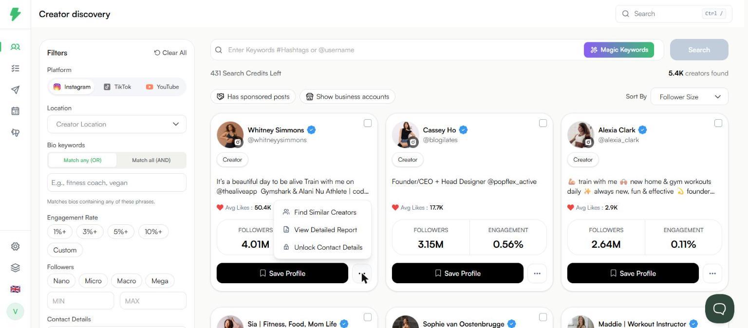 Creator card menu with the Find Similar Creators option