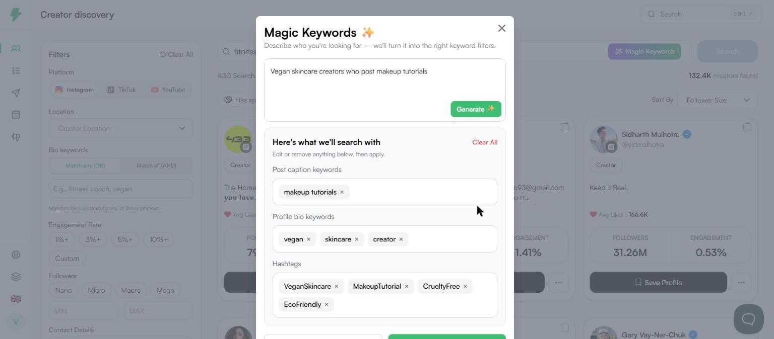 Generated keywords grouped into caption keywords, bio keywords, and hashtags
