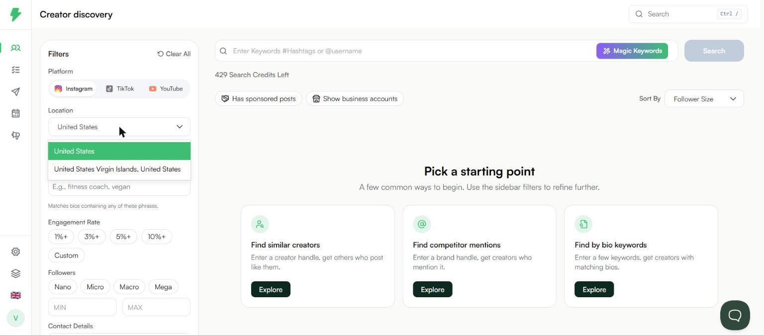 Creator Location dropdown