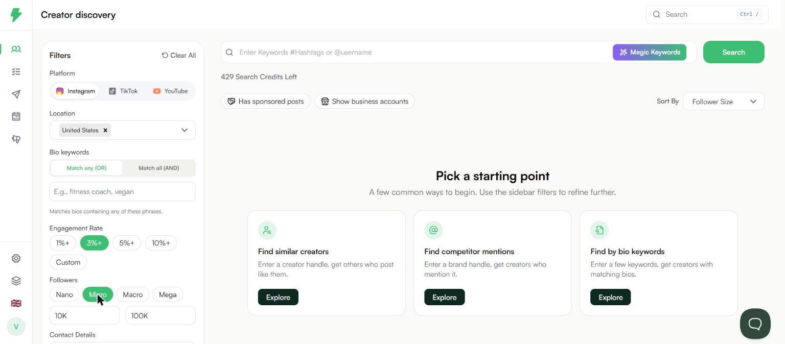 Engagement rate and follower filters selected