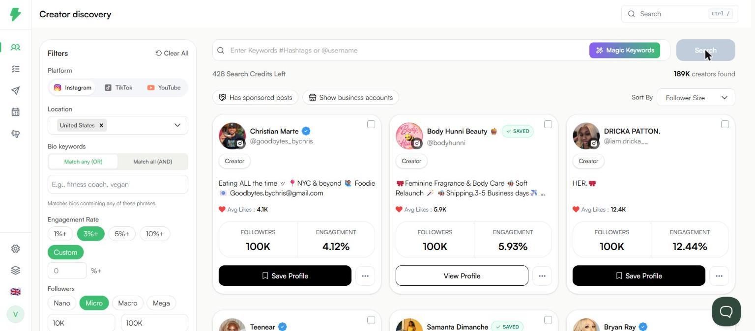 Results filtered by location, engagement, and followers