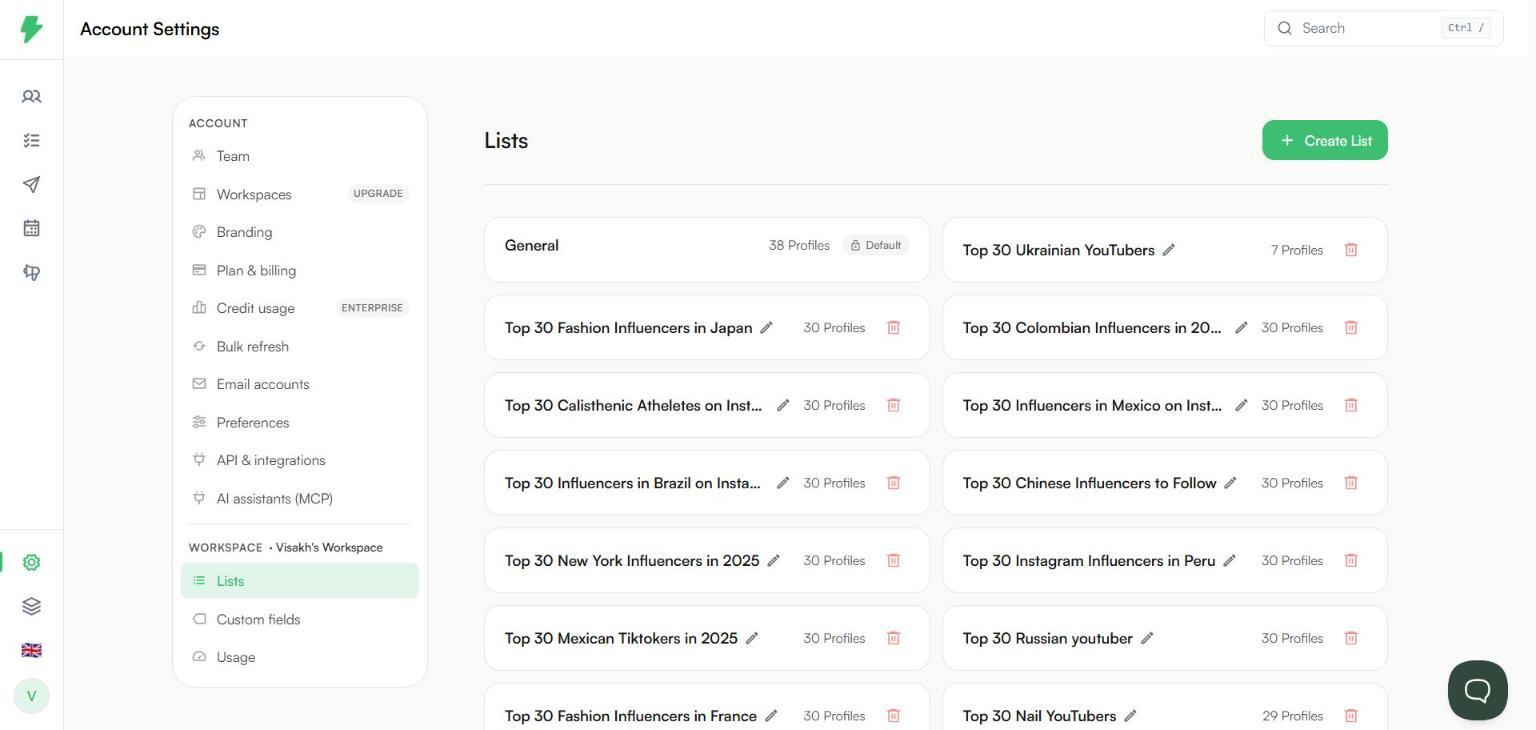 Lists page in Settings