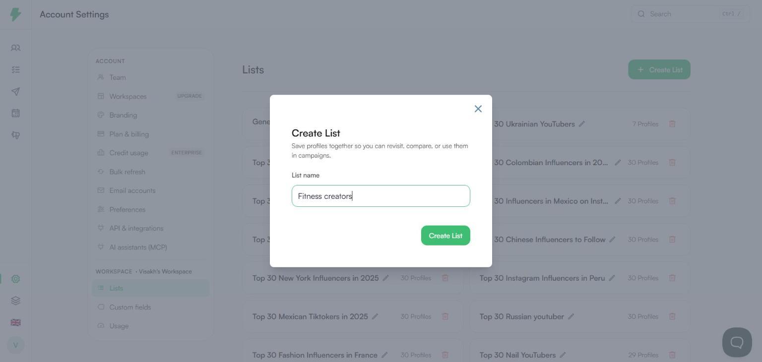 Create List dialog