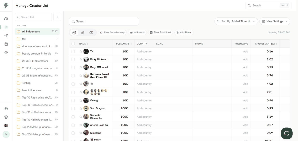 Selecting creators and adding them to a list