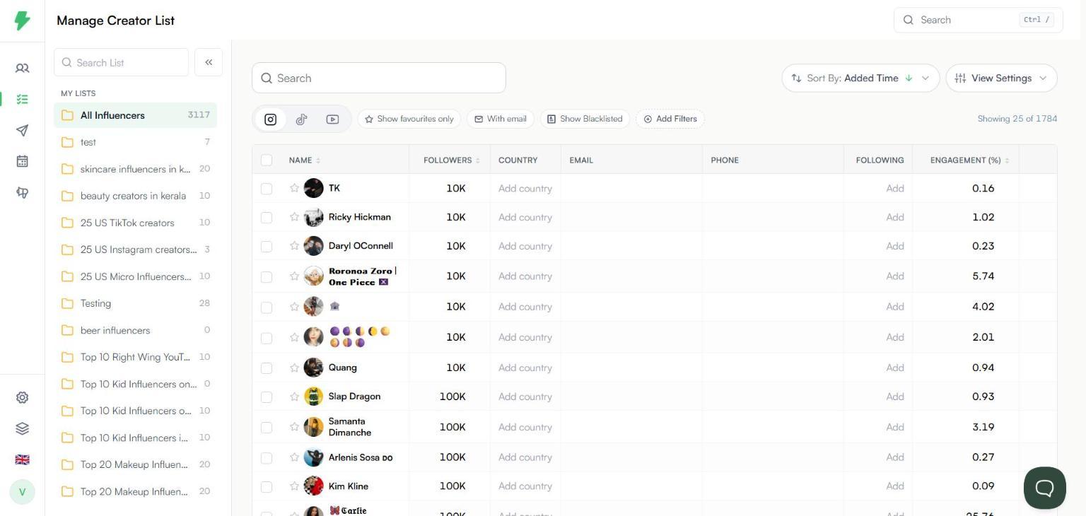My List page with lists on the left and creators on the right
