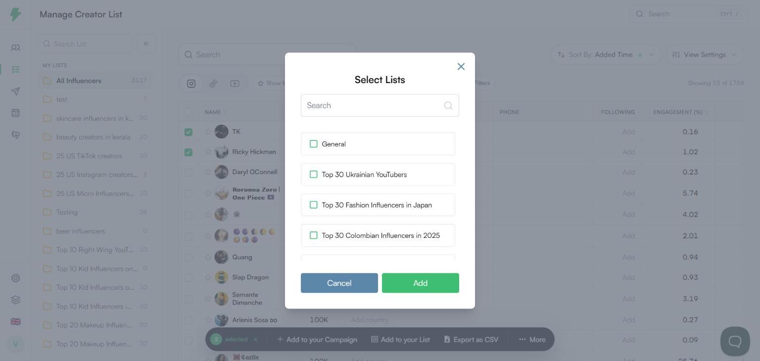 Select Lists dialog