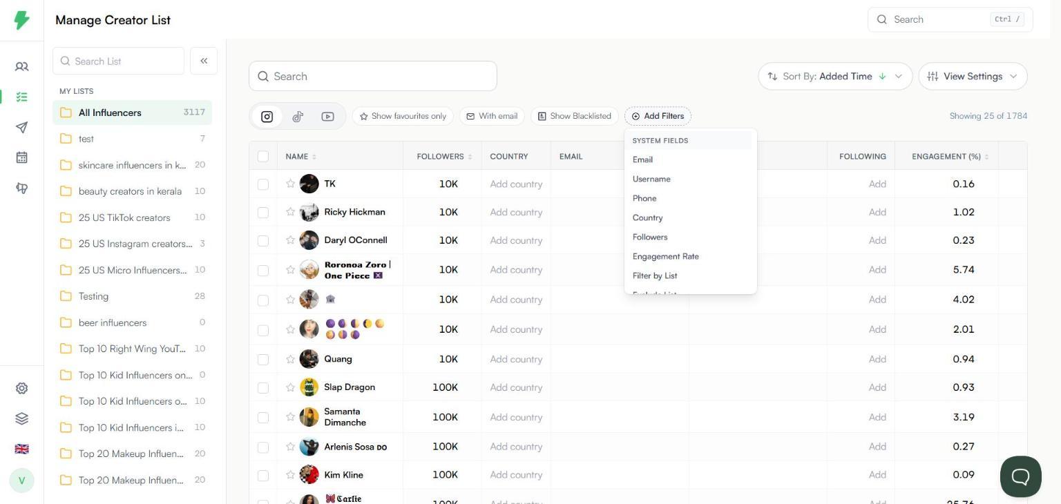 Add Filters menu