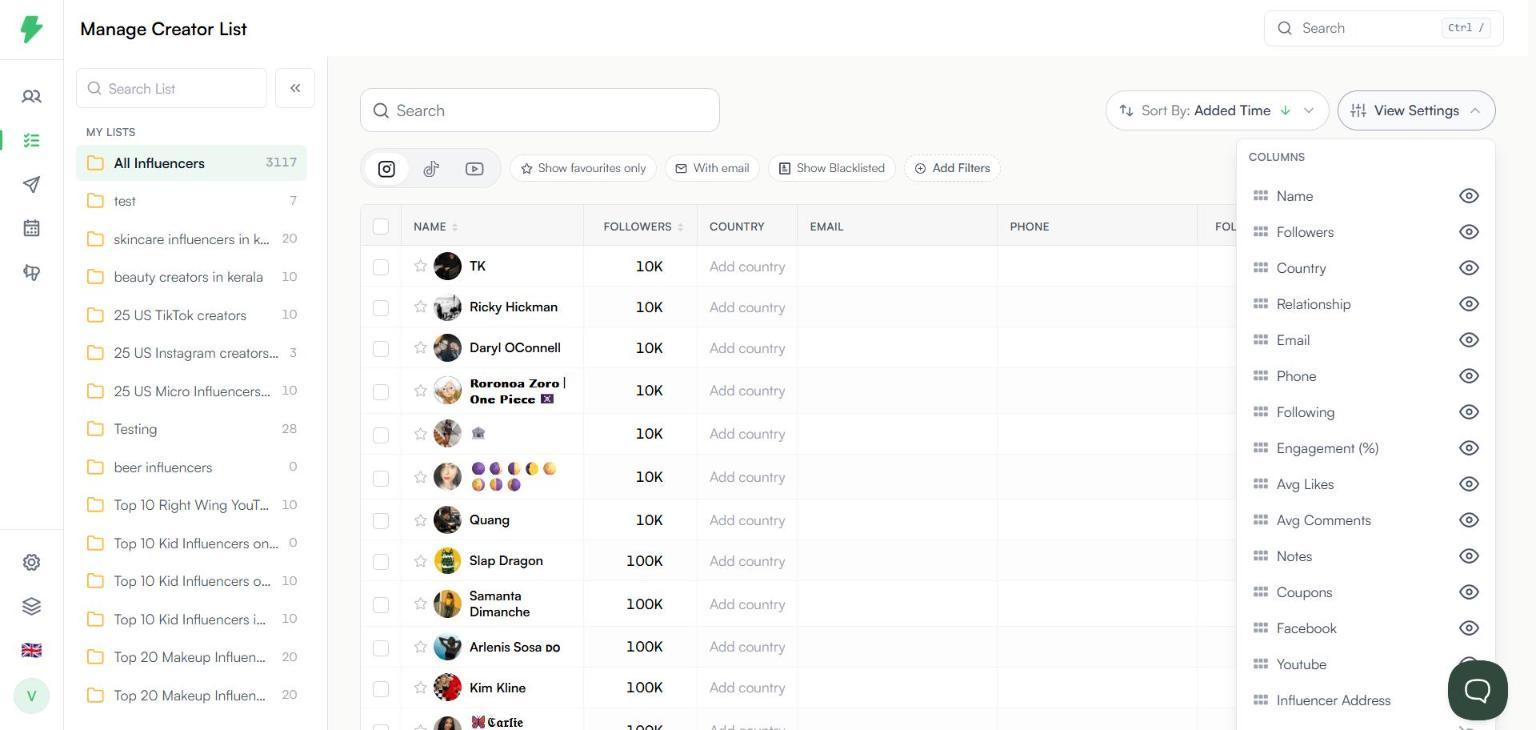 View Settings panel with the column list